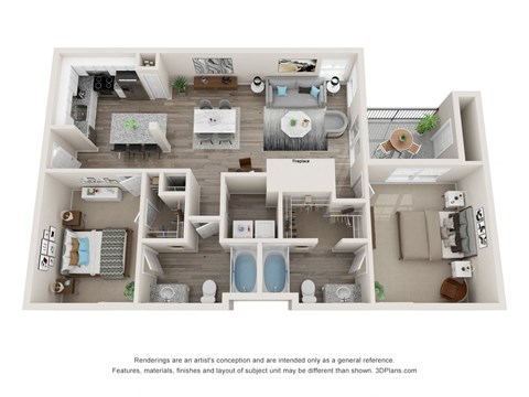 Floor plan for 2 beds, 2 baths, 1049 sqft